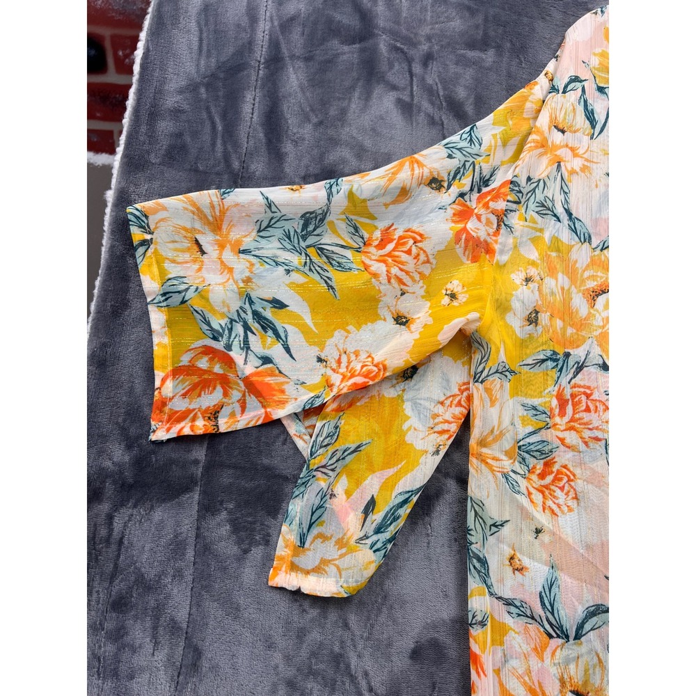 Vince Camuto Floral Kimono Wrap Womens OS‎ Yellow Orange Ruffle Metallic Boho - Picture 5 of 6